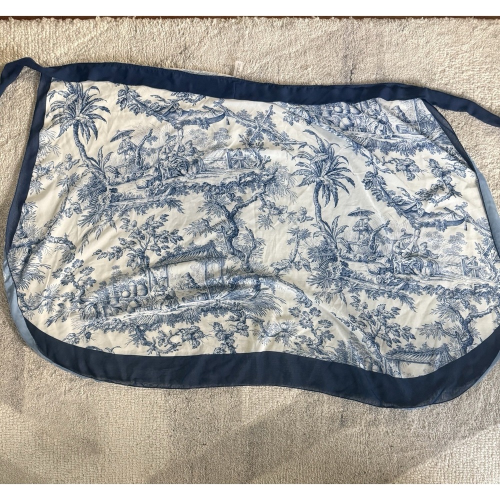 Apron blue and white Toile de Jouy pattern Chinoiserie scenes solid, blue trim